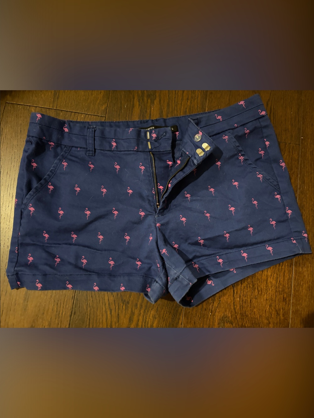 Harper Navy Shorts with Pink Flamingo Print Sz L